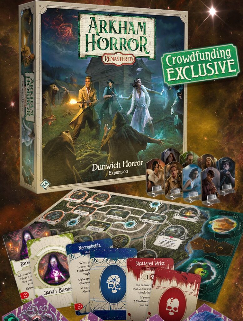 Dunwich Horror laienduse karp, mängulaud, uurijate seisvad figuurid ja kaardid