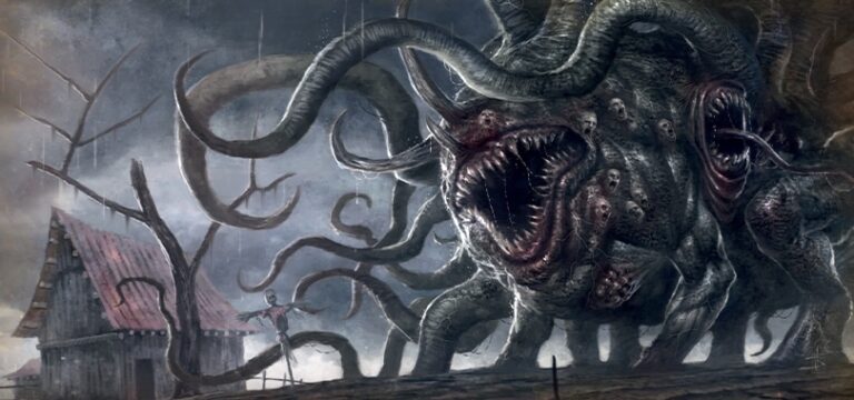 Pilvise taeva all künkal seisev kooljas koletis Dunwich Horror laienduse kunstist