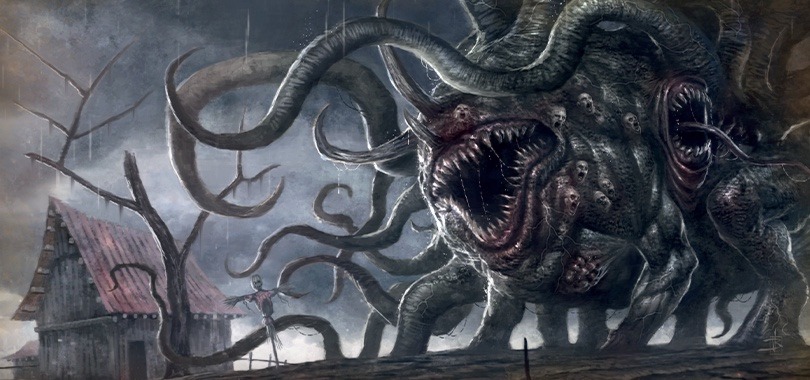 Pilvise taeva all künkal seisev kooljas koletis Dunwich Horror laienduse kunstist