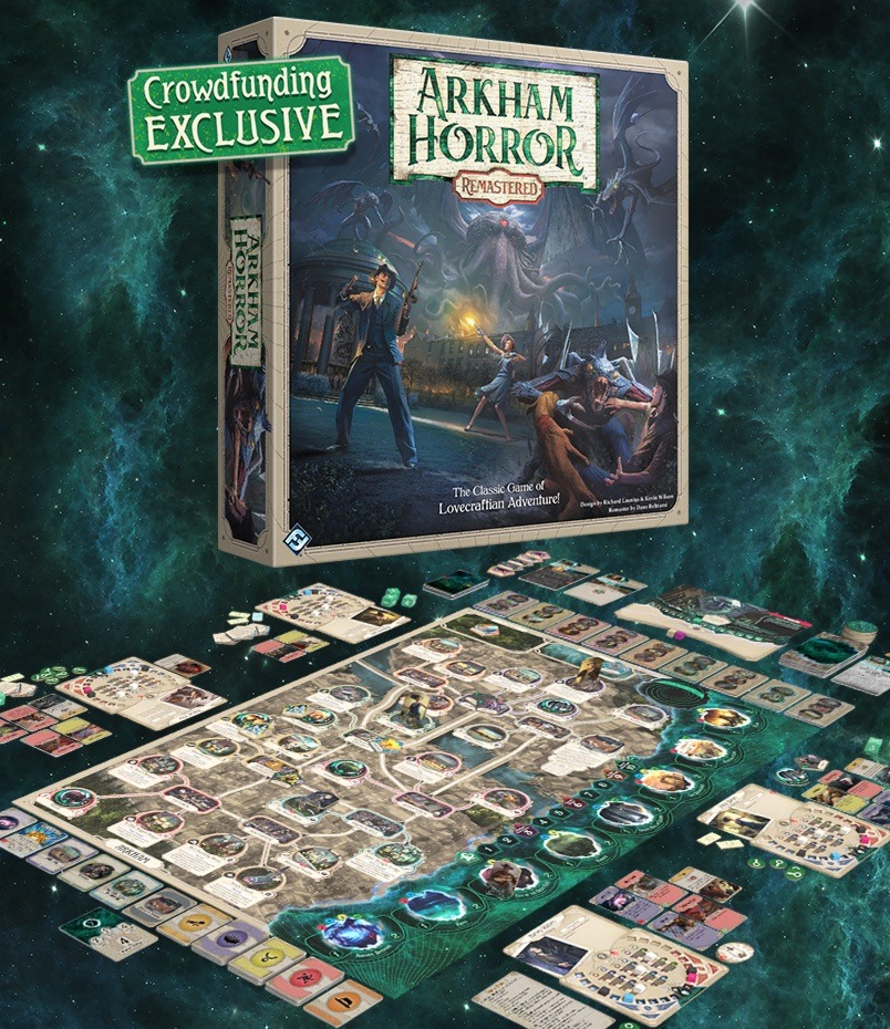 Arkham Horror Remastered põhimängu karp, mängulaud ja komponendid